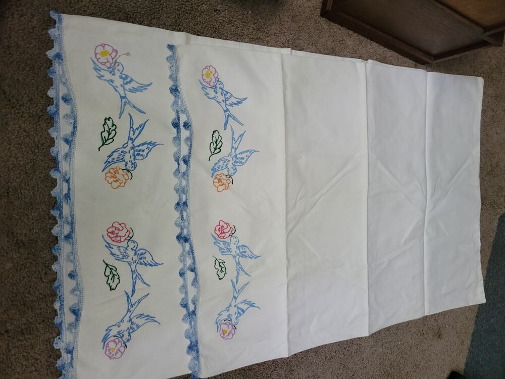 Vintage Pillowcase Handmade Embroidered Blue Birds Crochet Cottage